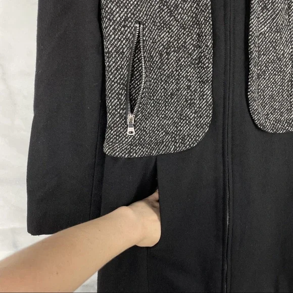 Guess Wool Blend Tweed Moto Zip Pleated Midi Pea Coat Retro Y2K Black Grey M - Picture 3 of 8